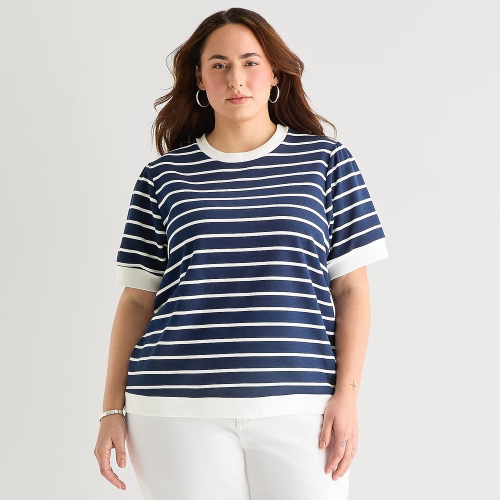 MSRP $44 St. John's Bay Womens 2X Navy Stripe Crew Neck Blouse Short Sleeve